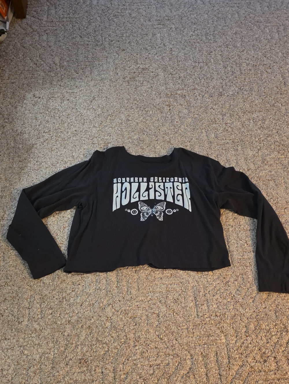 Hollister Dark Gray Long-Sleeve Cropped Graphic Tee with Butterfly